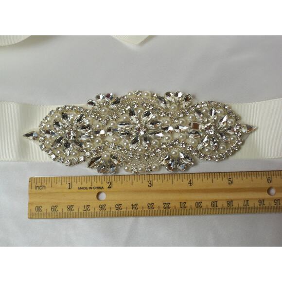 Rhinestone wedding dress belt sash, rhinestone applique ivory bridal sash belt, - Picture 5 of 7